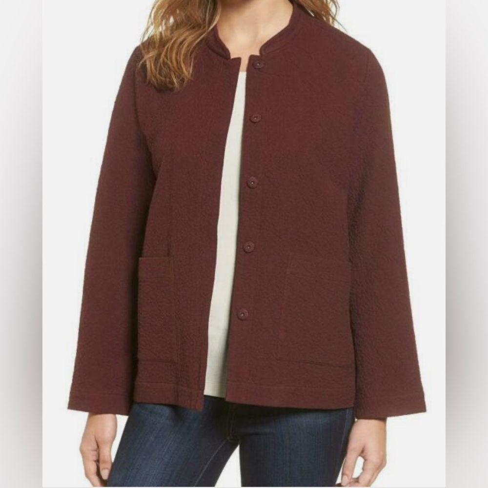 Eileen‎ Fisher Crinkled Organic Cotton Jacket in Burgundy.